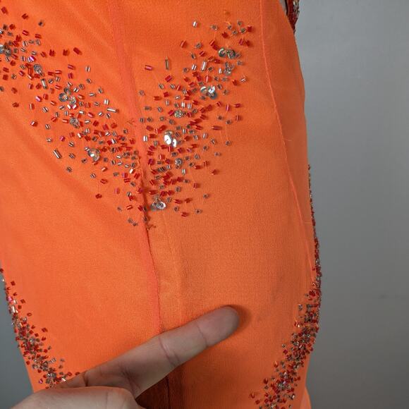 Vintage Silk Prom Dress Maxi Gown 4 Orange Y2K Ruffle Fairy Bead Slip Glam Guest - Picture 13 of 16